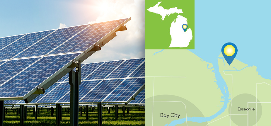 Map of Karn Agri-Energy Center location superimposed over field of solar panels